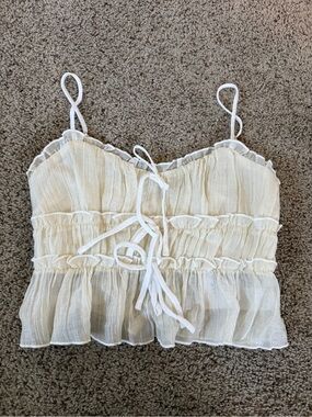 12th Tribe Women's Cream Ruffled Tie-Front Cami Top